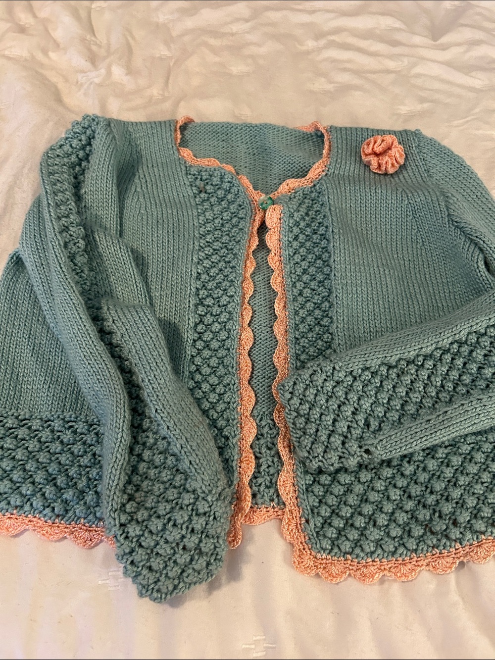 Girls Teal Knit Cardigan with Peach Trim